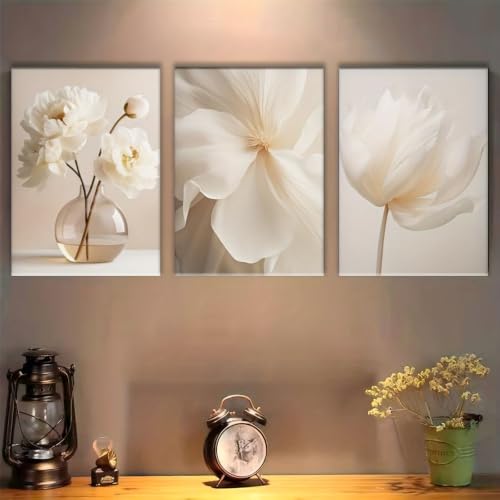 Toile pivoines blanches déco murale beige 70x100 cm triptyque salon