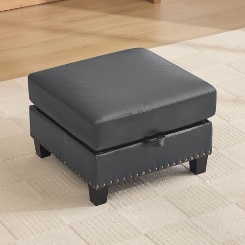 Image of 25.2 inch Faux Leather Storage Ottoman Bench for Couch, Vintage PU Leather Foot Stool with Nailhead Trim for Sofas, Mid Century Modern Hidden Storage Footrest for Living Room, Bedroom, Office, Black