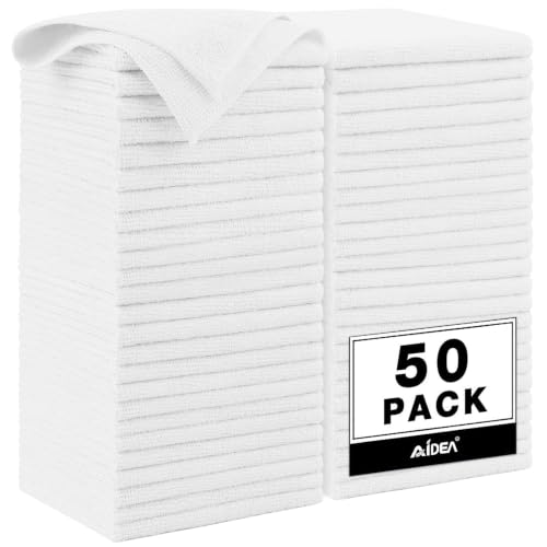 Image of AIDEA Microfiber Cleaning Cloth White 50PK, Microfiber Towels for Cars, Premium Car Cloths, Dusting Cloth Lint Free Cleaning Rags for SUVs, House, Kitchen, Window, Workshops,12x12 inch