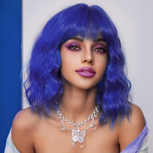 Ucubb Short Bob Wavy Wig with Bangs for Women Loose Curly Wig Look natural
