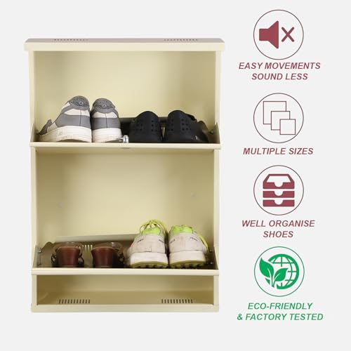 Image of Metal Shoe Rack Wall Mounted for Home with Central Locking | 2 Door 20 inch Wall Mounted Metal 4 Pair Rack Cabinet | Pre-Assembled Shoe Rack Shelves | 3 Year Warranty (Ivory)
