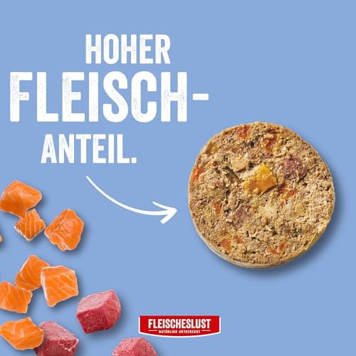 Fleischeslust Hundewurst | Lachs & Rind mit Karotte, Kürbis & Spirulina | Futterbox (6x800g) | Nassfutter | schnittfest | getreidefrei | Alleinfuttermittel für Hunde