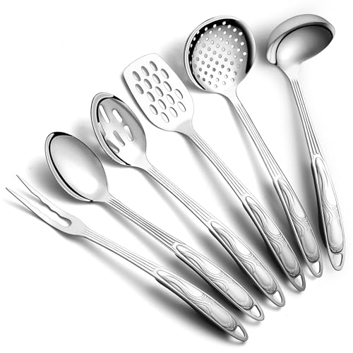 Berglander Juego de utensilios de cocina de acero inoxidable 6 piezas, Juego de utensilios de cocina para cocinar, espumadera, cucharón, cuchara para servir, cuchara ranurada, tenedor para trinchar