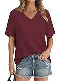 Cuptacc Tshirt Damen Sommer Trendy Alltag Lässige Loose Fit Weich Vielseitig Oberteil Damen Oversized V Ausschnitt Elegant Einfarbig Tunika Weinrot L Groß