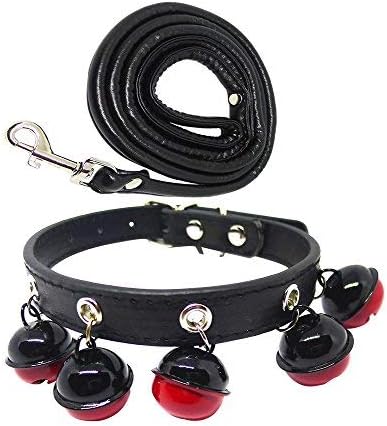 Faocean Basic PU Leather Pet Collars and Leash Rope Set with 5 Bells for Meium Small Dog Cat Walking Training,Black Adjustable 11"-13.8"