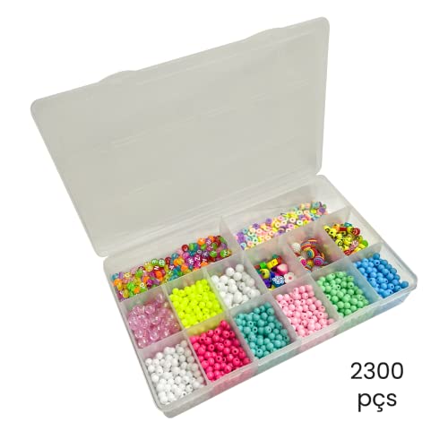 kit Miçangas Coloridas Infantil Aprox. 2300pçs Com Entremeios Bola Leitosa colorida Fio de Silicone
