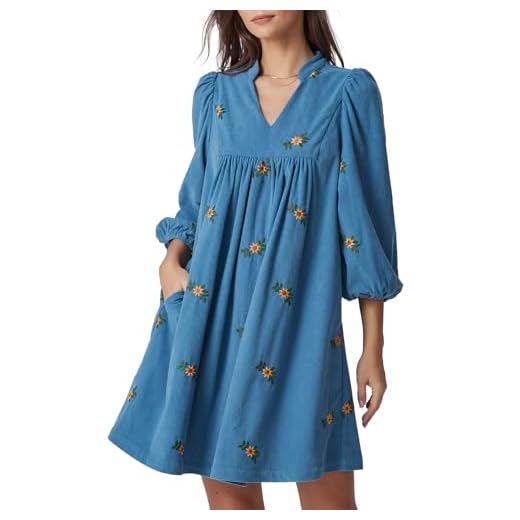 EZAPINE Corduroy Dress Women Embroidered Fall Winter Empire Waist V Neck Babydoll Mini Dress with Pockets Blue
