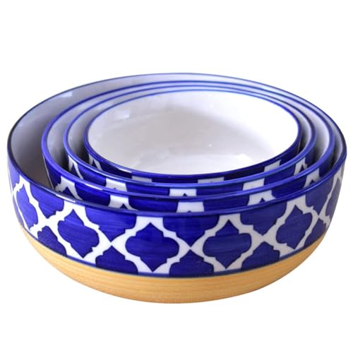 Image of Ceramic Mixing Bowl Set 4 Pieces Yellow Blue - 1500ML 800ML 600ML 400ML Microwave Dishwasher Safe for Mixing Serving Storage