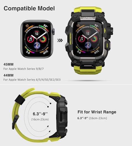 Image of ULTIMAL Rugged Case with Band for Apple Watch 44mm,Compatible with Apple Watch Series SE 3 /SE 2 /SE Generation /6 /5 /4, Military Grade Shockproof Bumper Cover for iWatch Tactical Band Men (44mm,Fluorescent Green)