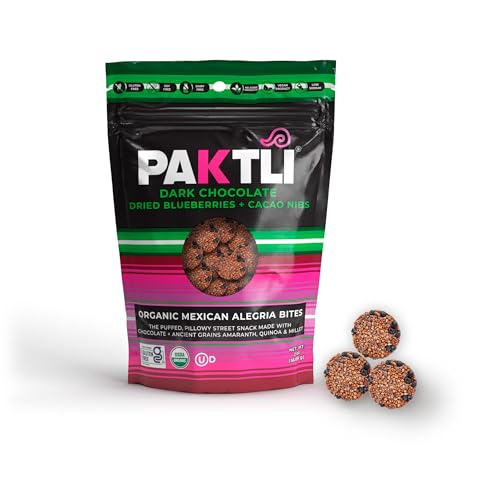 Paktli Organic Alegría Bites – Dark Chocolate with Blueberry & Cacao Nibs, 2oz Bag, Organic Ancient Grain Snack with Amaranth, Quinoa & Millet, Gluten-Free, Non-GMO, Superfood Sweet Treat