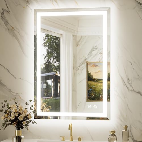 Keonjinn 24x36 Inch Beveled Lighted Bathroom Mirrors with Frontlit & Backlit, LED Bathroom Mirror with Light Dimmable 3-Color Lights, Anti-Fog Vanity Mirror with Tempered Glass, UL-Listed LED Driver