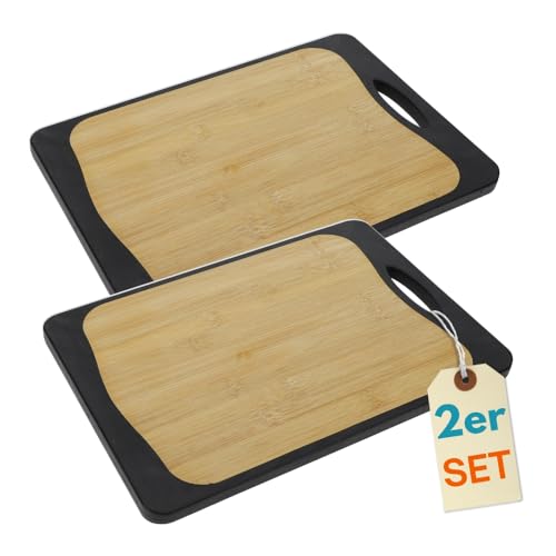 2er Set Schneidebrett Kunststoff und Bambus 2in1 Schneidbrett mit Anti-Rutsch Schneidebretter Küchenbrett Bambus Schneidebrett Schwarz Rutschfest mit Griffloch