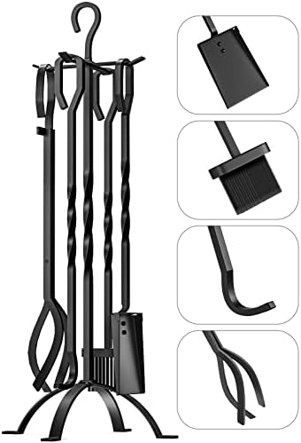 STEELEOPARD 5-Piece Fireplace Tools Set 31", Wrought Iron Fire Place Set Tools with Poker Shovel Tongs Brush, Stand for Outdoor Indoor Chimney Stove Chimenea, Heavy Duty Fireplace Accessories, Black