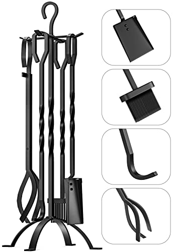 Steeleopard 5-Piece Fireplace Tools Set 31", Wrought Iron Fire Place Set Tools With Poker Shovel Tongs Brush, Stand For Outdoor Indoor Chimney Stove Chimenea, Heavy Duty Fireplace Accessories, Black #TOP12
