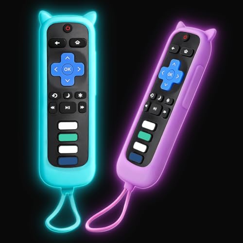Remote Cover for Roku – 2 Pack Silicone Case Compatible with Roku TV Remotes for TCL/Hisense, Streaming Stick & Express, Universal Controller Sleeve, Glow in The Dark (Blue & Purple)