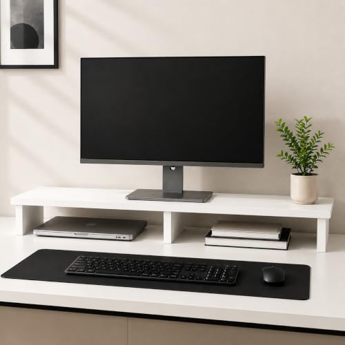 Bniture Monitor Stand Riser for Desk | 100 cm Wide Computer Monitor Shelf with Keyboard Storage | 17 mm Engineered Wood | Desktop Organizer for Home & Office (Frosty White, HXMD103) Deal
