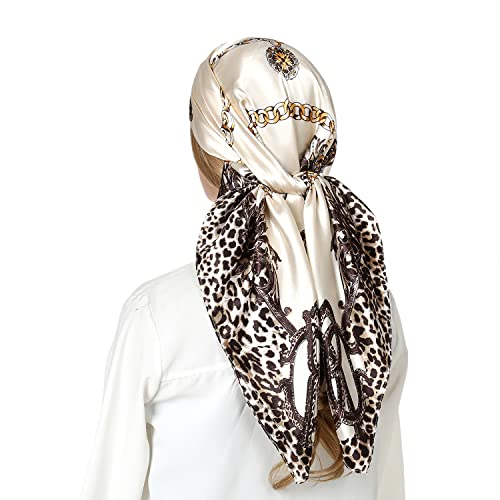 RIIQIICHY Head Scarf for Women Like Silk Satin Scarf for Hair Wrapping at Night Bandana Square Scarf for Sleeping 35 Inch Ivory/Black