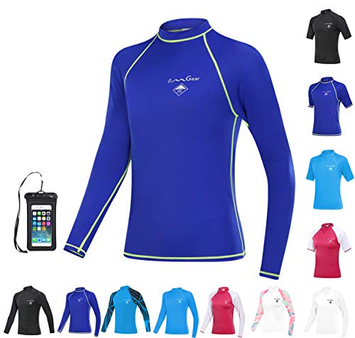 OMGear Rash Guard Swim Shirt Sun Block Short Long Sleeve Surf Tee Swimsuit Top (Blue(Long Sleeve), S)