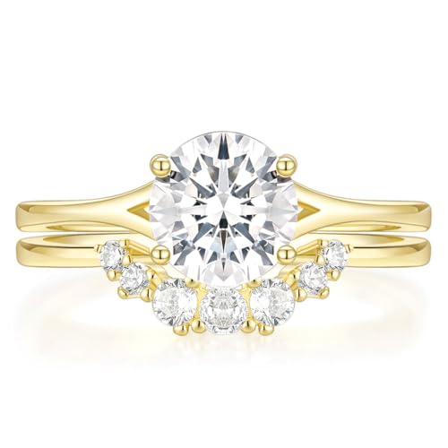 TIGRADE 2CT Cubic Zirconia Wedding Band for Women 14K Gold Plated CZ Promise Ring Curved Round Shaped Bridal Ring Sets Size 3-12