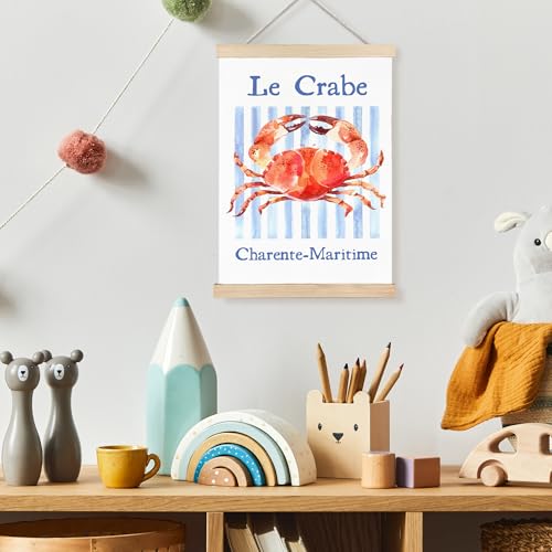 Image of PQKIY Coastal Beach Crab Wall Art Poster Hanger Frame 12x16 in, Summer Watercolor Beach Seafood Red Crab Blue Striped Aesthetic Wall Decor Canvas Prints for Home Kitchen Dining Room