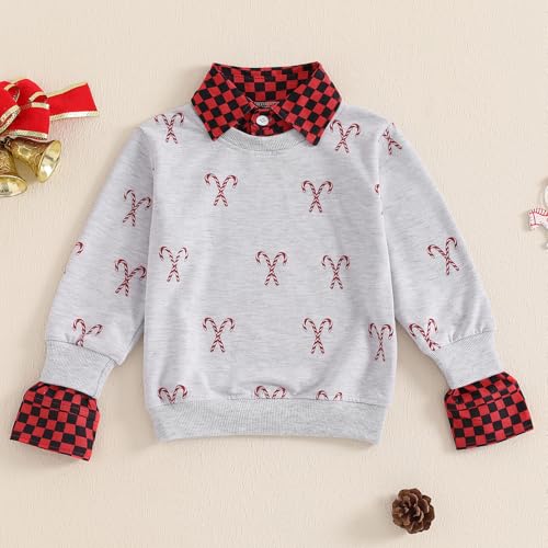 Toddler Boy Girl Christmas Turndown Collar Sweatshirt Candy Cane Print Long Sleeve Tops for Fall Winter2
