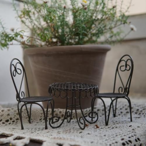 KARLOR 3 Stück Miniatur Tische und Stühle Set, Metall Mini Tisch und Stuhl rund Restaurant Deko Gartenmöbel Mini-Möbel Ornamente Tisch Büro Wohnzimmer Dekoration Vintage Stil (Braun)