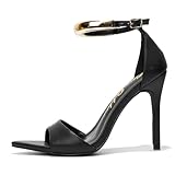 Cape Robbin Women's High Heel Sandals Stiletto - Pointed Toe Ankle Strap Heels with Gold Chain, PU Leather Closed Back Evening Dress Sandals for Women (Mag) - Black 6.5