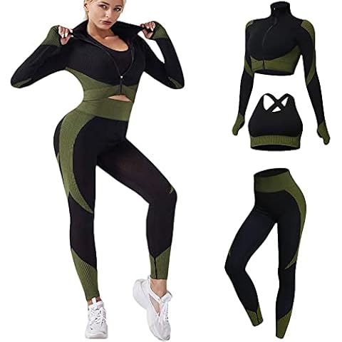 Veriliss 3pcs Gym Clothes for Women Tracksuit Womens Full Set Outfits Workout Joggers Yoga Sportswear Leggings and Stretch Sports Bra Jumpsuits Clothes Sets (BlackGreen, L) Cover