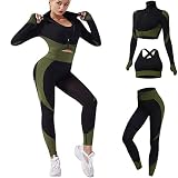 Veriliss Damen 3teiliger Gym Trainingsanzug Nahtlose Laufbekleidung Fitness Kleidung Jogginganzug Reißverschluss Kapuzen Tennis Laufen Set (SchwarzGrün,S)