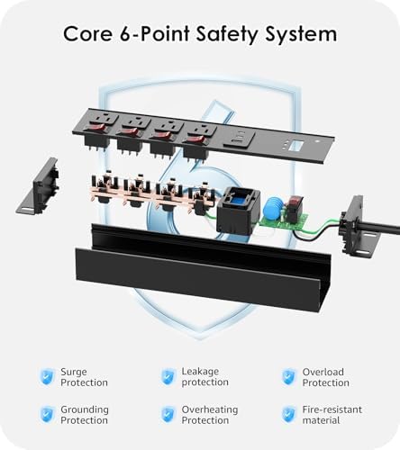 CCCEI Heavy Duty Surge Protector Power Strip with USB C Ports and 20 Amp Individual Switches. 12 Gauge Extension Cord Flat Wall Plug, Overload, Ground, Garage Electric Outlet Extender, 6FT, Black.