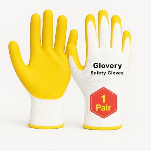 Image of Nylon Safety Work Gloves with Nitrile Coating - Industrial-Grade Protection for Cleaning, Warehouse, Mechanics, Construction - Durable, Flexible, Non-Slip Grip (White & Yellow, 1 Pair)