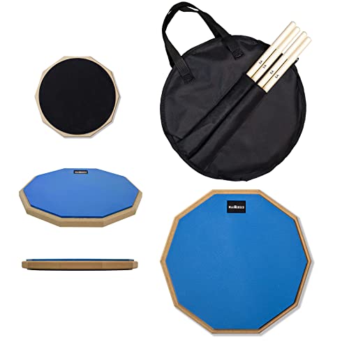 drum pads - HAIRIESIS Drum Practice Pad 12-Inch Silent Drum Pad Blue Double Sided Free Plus Drumsticks & Storage Bag Drum Practice