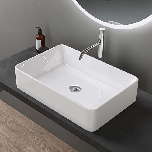 doporro Lavabo Vasque à Poser Blanc 58x37x13.5 cm Lave Mains Rectangulaire en Céramique Revêtement NANO Easy Clean Brüssel105D