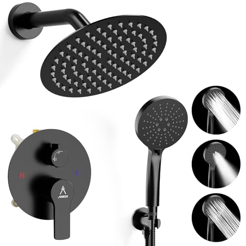 JQBQS Shower Faucet Set 8IN Brass Rough-In Valve Body Trim Kit Rainfall Included Handle Accessories Complete 2 Functions with Rain Head and Handheld Bathroom Systems (8 Inch Matte Black)