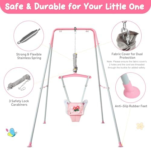 FUNLIO Baby Jumper with Stand for 6-24 Months, Infant Bouncer for Indoor/Outdoor Play, Toddler Jumper for Baby Girl/Boy, with Adjustable Chain, Easy to Assemble & Store (with Stand) - Pink Butterfly — view 3