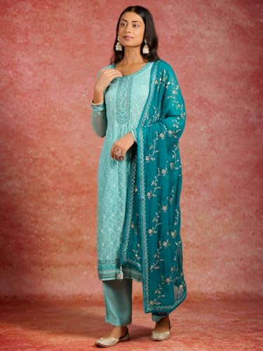 Image of Libas Embroidered Georgette Straight Kurta With Trouser and Dupatta