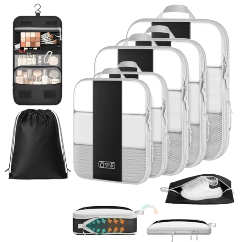Organisateur Valise 8 Pièces – Sac de Compression Voyage en Polyester Premium, Cubes de Rangement Compressibles avec Sac de Toilette Suspendu, Sac à...