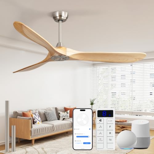 Image of Sofucor 60 Inch Smart Wood Ceiling Fan No Light, Alexa /App /Remote Control | Ceiling Fan without Light, Quiet Reversible DC Motor, 6 Speeds, Indoor /Outdoor /Bedroom /Living Room /Patio, Natural Wood