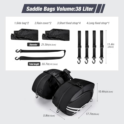 Vuudh Motorcycle Saddlebags 38L Waterproof Rear Rack Panniers for Motorcycle, Saddle Bags for Electric Bikes, Ideal for motorcycle riding, Travel, and Commuting - Black