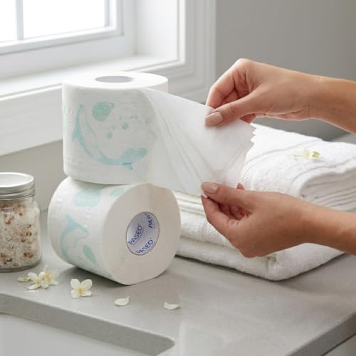 Image of PASEO Dolphin 4-Ply Toilet Tissue Paper Roll | 10 Rolls, 200 Pulls, 800 Sheets each | Ultra Soft, Highly Absorbent & Gentle on Skin | OBA Free | 100% Virgin Paper