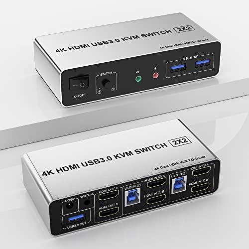 USB 3.0 KVM Switch Dual Monitor HDMI 2 Port, Supports EDID, 4K@60Hz KVM Switch 2 Monitors 2 Computers with 3 USB 3.0 Ports and Audio Microphone Output, Dual Monitor Switch for 2 Computers