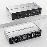 USB 3.0 KVM Switch Dual Monitor HDMI 2 Port, Supports EDID, 4K@60Hz KVM Switch 2 Monitors 2 Computer