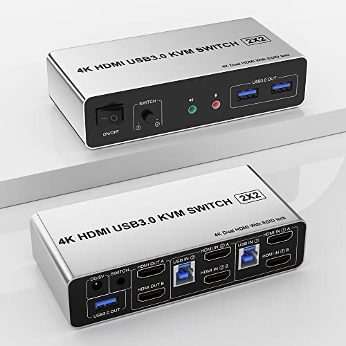 Usb 3.0 Kvm Switch Dual Monitor Hdmi 2 Port, Supports Edid, 4K@60Hz Kvm Switch 2 Monitors 2 Computers With 3 Usb 3.0 Ports And Audio Microphone Output, Dual Monitor Switch For 2 Computers #TOP3