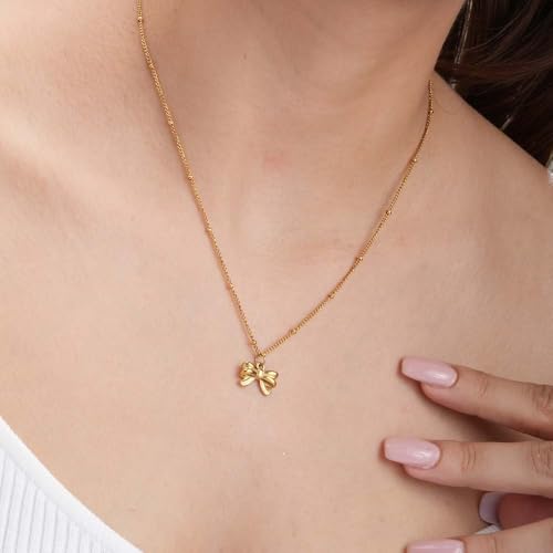 Image of PALMONAS Gilded Bow Necklace for Women - Jewellery Gift for Girls & Women | Waterproof & Anti-Tarnish Bow Pendant Chain, Stylish & Trendy Necklaces for Ladies