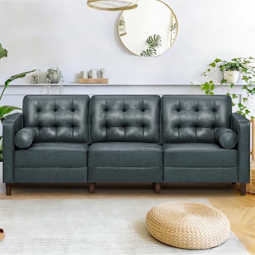 Image of 84 Inches Modern Faux Leather 3-Seat Sofa w /2 Bolster Pillows & Tufted Backrest, Mid-Century Couch, Premium 3 Seaters Sofa for Living Room, Bedroom, Office, Blue