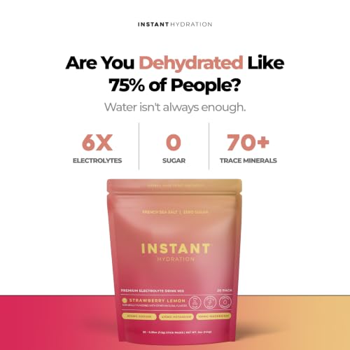 Image of Instant Hydration Sugar Free Electrolytes Powder Packets - Strawberry Lemon Electrolyte Drink Mix & Travel Essentials - Post Workout Recovery, Brain Health, Muscle & Tissue Support - 20 Sticks