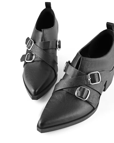 Chunky Heel Penny Loafers for Women Closed Pointed Toe Block Heels Cross Buckle Strap Slip On Classic Vintage Pumps Dress Shoes Elegant for Work Office Party Daily Wear2