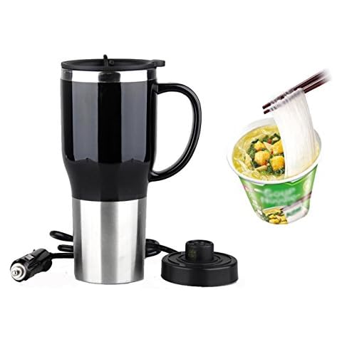 Mengshen Hot Water Heater Mug for Car - Car Electric Kettle Heated Stainless steel Portable Cigarette Lighter Heating Cup Coffee Cup with Charger for Outdoor Students 12 Volt 450ML 50W, CA107 Black Cover