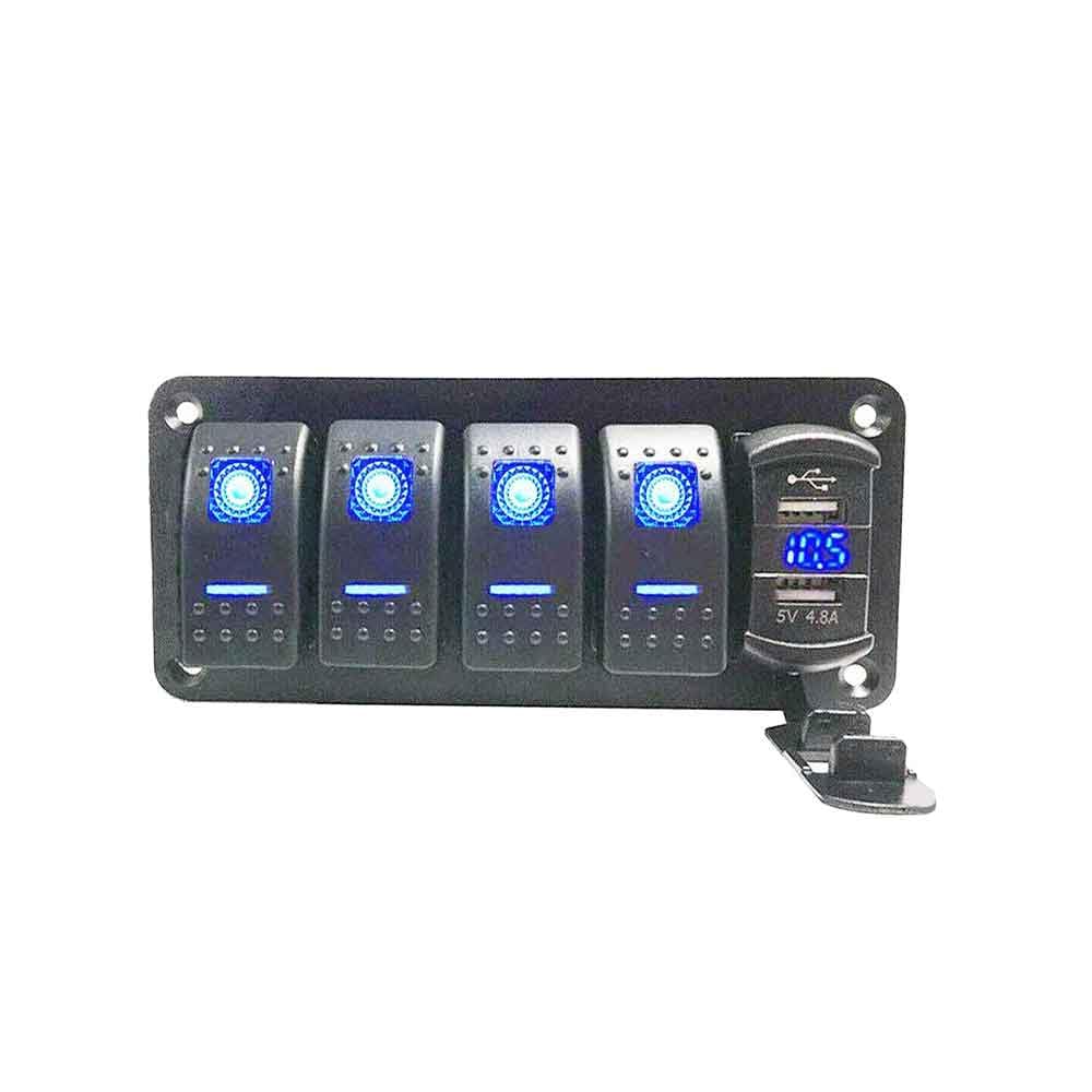 Waterproof Boat Rocker Switch Panel 4-Digit LED Indicator 20A High Current Output Dual USB Smart Fast Charging Ports -Blue