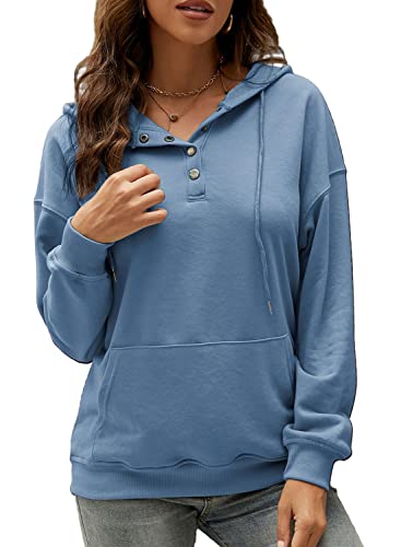 Sweatshirt Surdimensionné à Manches Longues pour Femme Pull à Capuche Boutonné avec Cordon Léger pour l'Automne de Serrage Bleu M Cover